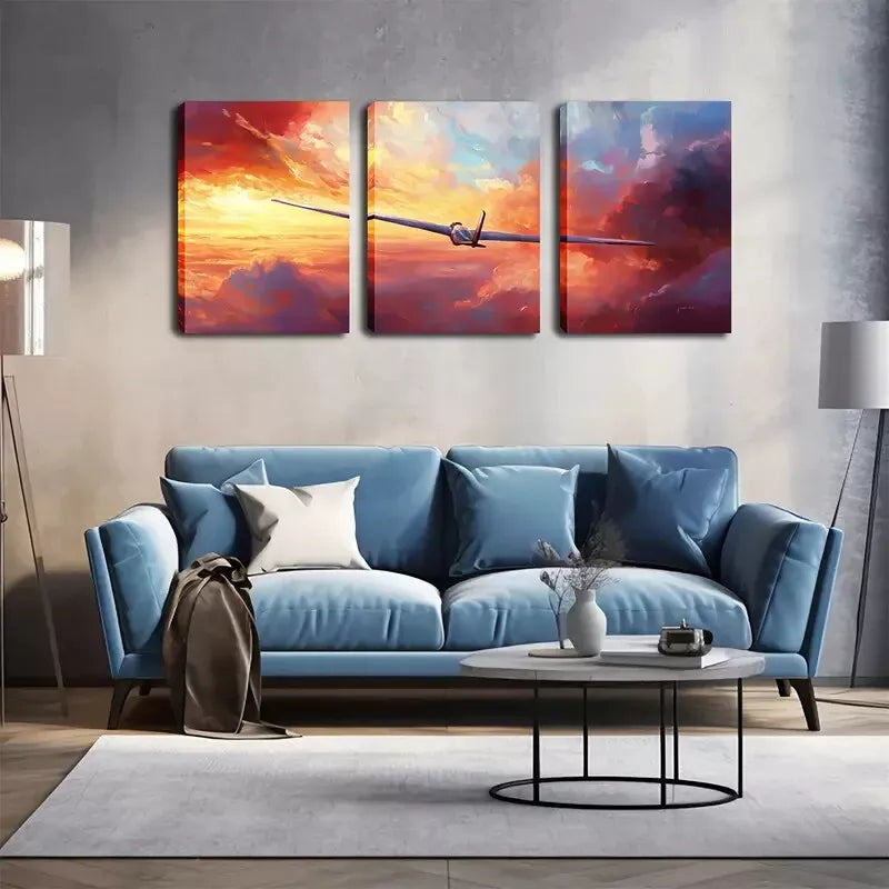 3pcs Flying Machine In The Sky Wall Art Set Canvas Framed 40x60cm - High Quality Print 100% Australian Made Wall Canvas Ready to Hang