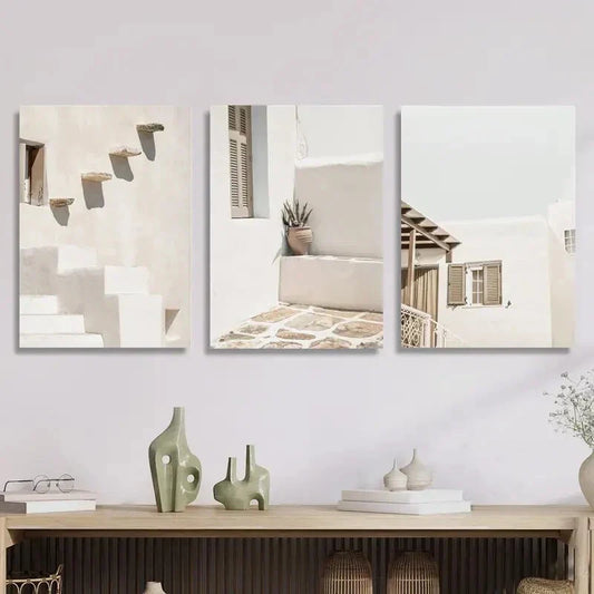 3pcs Greek Pastels, Santorini Mural, Metal Print Ready to Hang Art