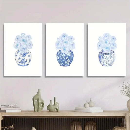 3pcs Chinese watercolor blue rose vase, Metal Print Ready to Hang Art