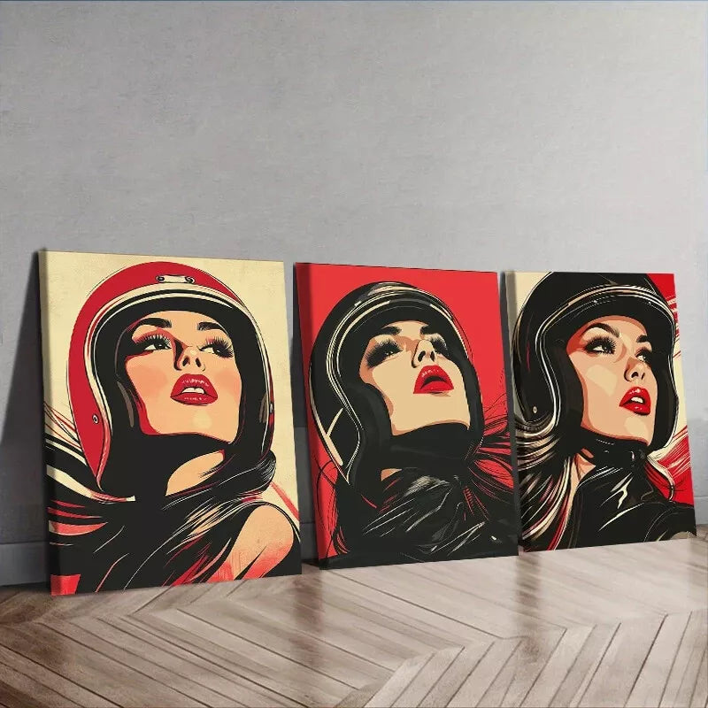 3pcs A Girl In A Bike Helmet Wall Art Set Canvas Framed 40x60cm - High Quality Print 100% Australian Made Wall Canvas Ready to Hang