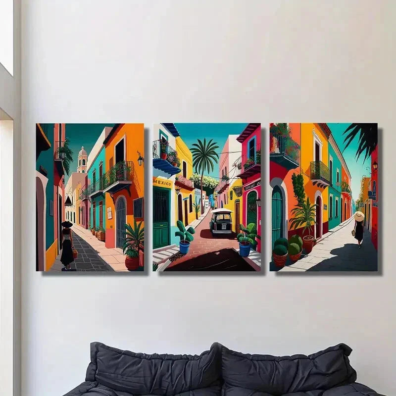 3pcs Colorful retro Mexican street art, Mexican Wall Art Set Canvas Framed 40x60cm - High Quality Print 100% Australian Made Wall Canvas Ready to Hang