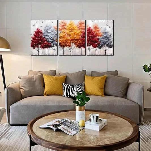 3pcs Golden Red and Gray Forest Metal Print Ready to Hang Art