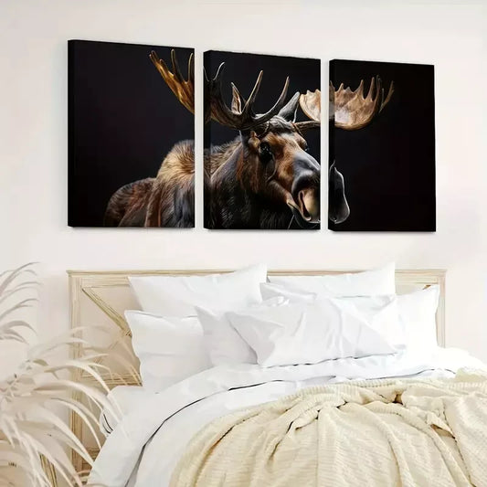 3pcs Retro Simple Elk Animal in Dark Black Wall Art Set Canvas Framed 40x60cm - High Quality Print 100% Australian Made Wall Canvas Ready to Hang