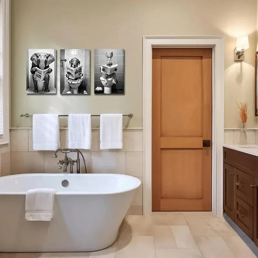 3pcs Dog, Elephant & Rabbit Sitting on Toilet Metal Print Ready to Hang Art