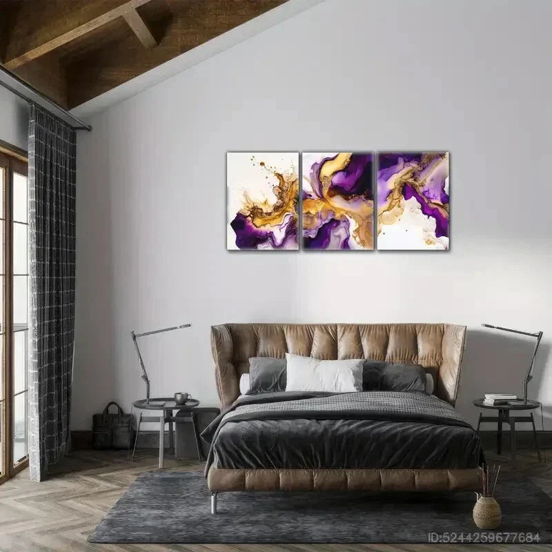 3pcs Purple and Golden Abstract Art Decoration Metal Print Ready to Hang Art