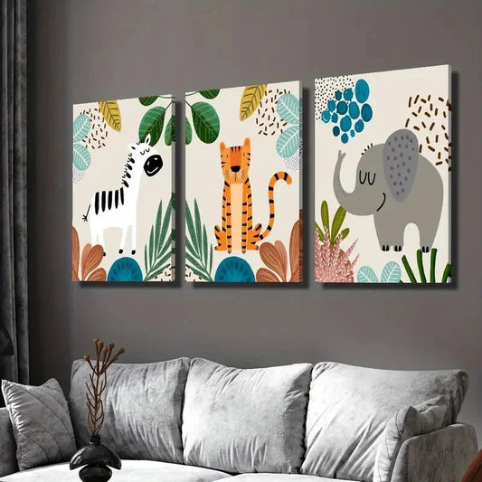 3pcs Zebra and lion elephant, watercolor style Wall Art Set Canvas Framed 40x60cm - High Quality Print 100% Australian Made Wall Canvas Ready to Hang