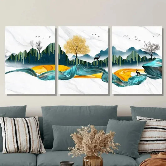 3pcs Abstract Landscape with Money Trees, Metal Print Ready to Hang Art