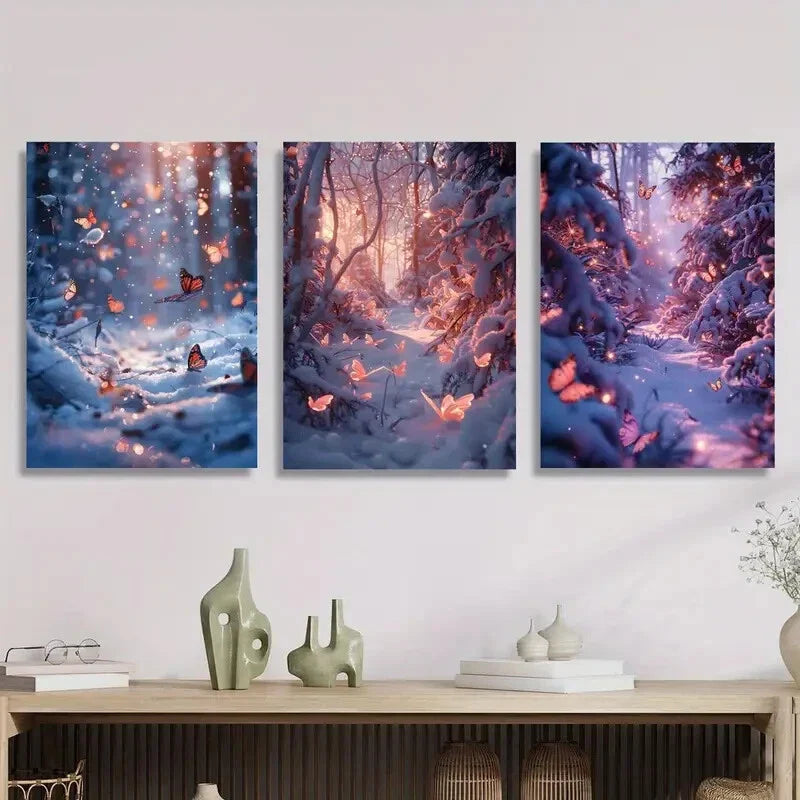 3pcs Butterfly Snow Forest Glittering Winter Scene Metal Print Ready to Hang Art