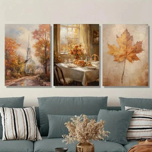 3pcs Vintage Autumn Town Landscape, Metal Print Ready to Hang Art