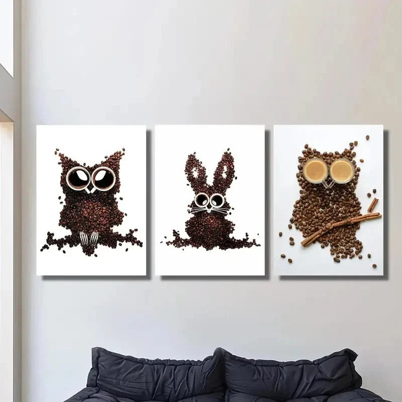 3pcs Owl, Bunny & Rabbit Designs with Coffee Cup Metal Print Ready to Hang Art