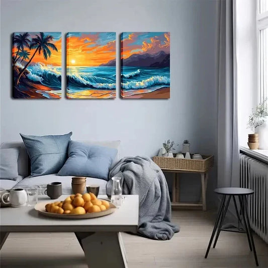 3pcs Coastal Landscape with Palm Trees & Ocean , Wall Art Set Canvas Framed 60X90cm - High Quality Print 100% Australian Made Wall Canvas Ready to Hang