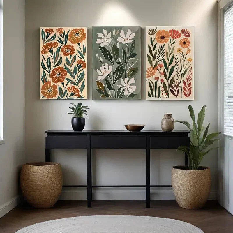 3pcs Abstract Bohemian Flower Oil Painting Metal Print Ready to Hang Art
