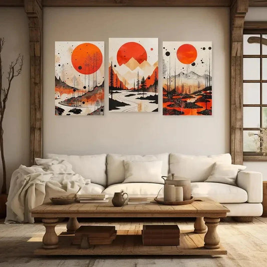 3pcs Abstract Landscape with Red Sun, Pine Trees Metal Print Ready to Hang Art