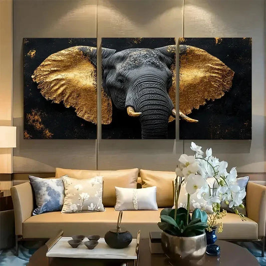 3pcs Gilded Elephant Profile Close Up Metal Print Ready to Hang Art