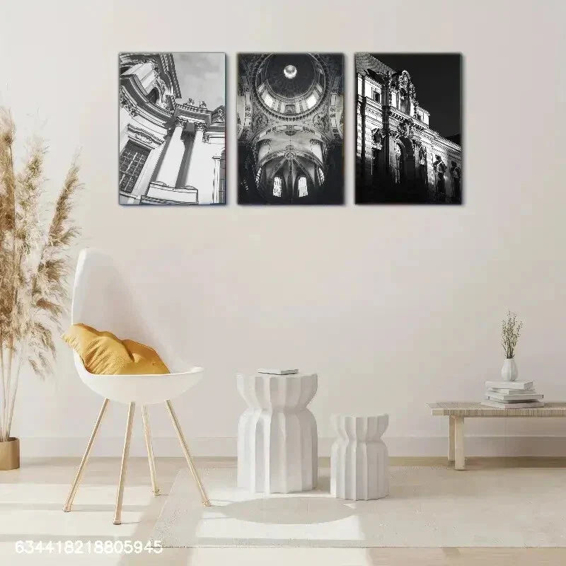 3pcs A black and white Building, Metal Print Ready to Hang Art