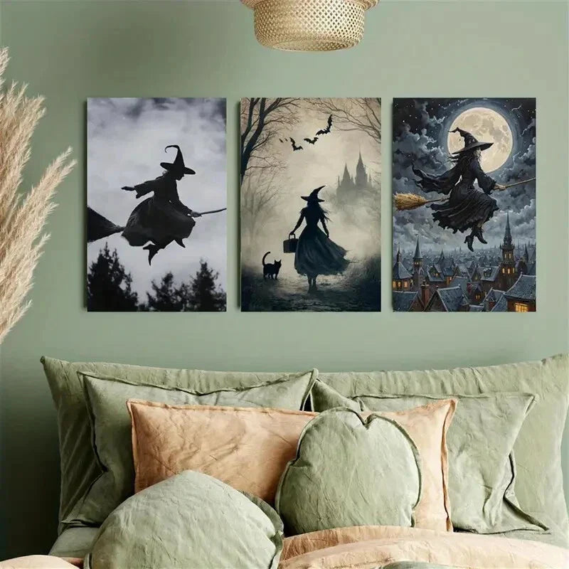 3pcs Misty Forest Cat and Castle, Mysterious Witch Metal Print Ready to Hang Art