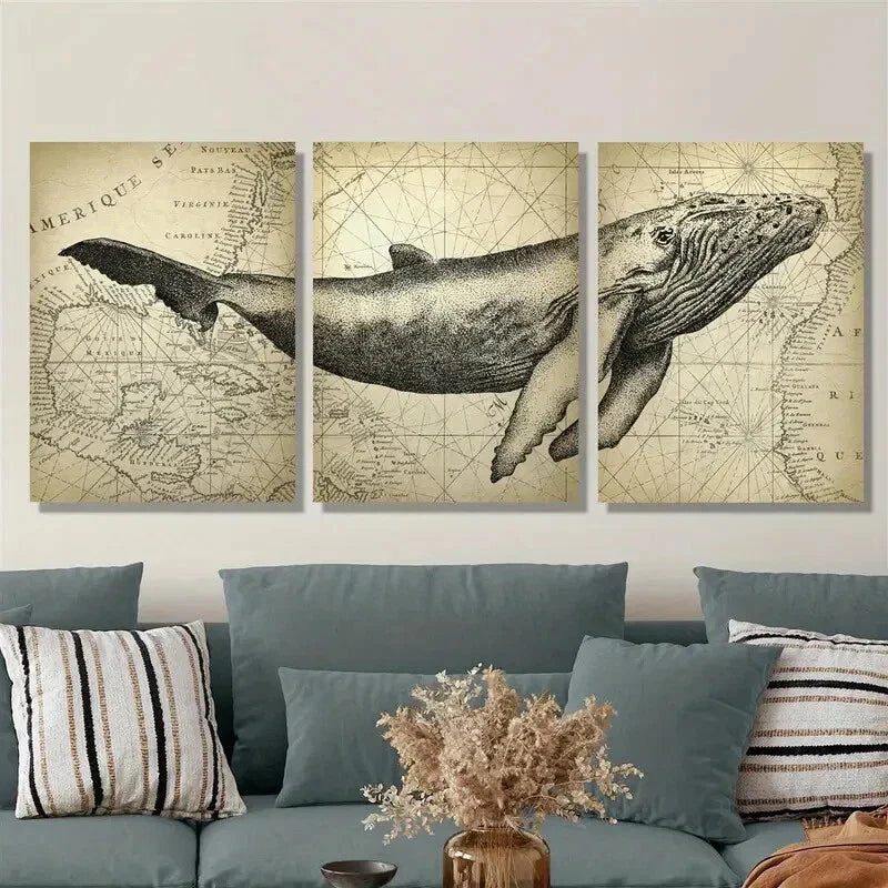 3pcs Vintage ocean animal humpback whale poster, Metal Print Ready to Hang Art