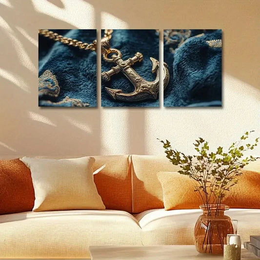 3pcs Golden Pirate Anchor Pendant Design Metal Print Ready to Hang Art