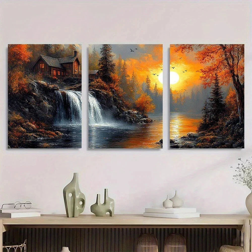 3pcs Nature Forest Scene Sun Birds and Trees Metal Print Ready to Hang Art