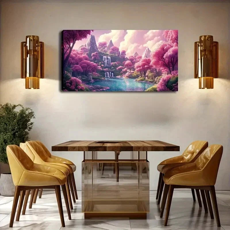 Enchanting Pink Trees Calm Lake Wall Art Canvas Office Home Room Framed 120x60cm