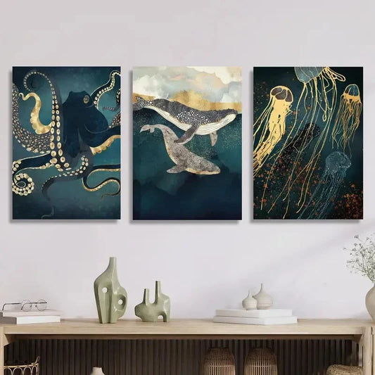 3pcs Octopus, Whale, Jellyfish, Abstract Marine Metal Print Ready to Hang Art