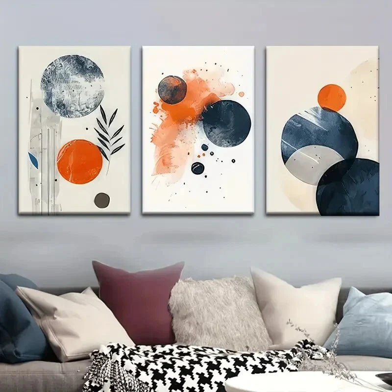 3pcs Abstract Circles Blue Orange And Grey Modern Metal Print Ready to Hang Art