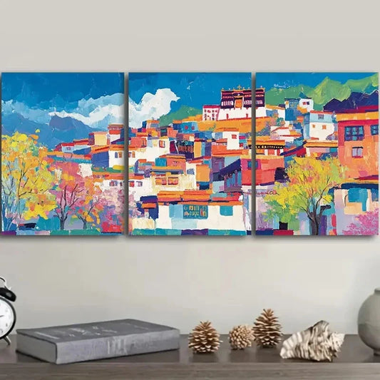 3pcs Buildings Along the Lhasa River Perfect Wall Art Set Canvas Framed 40x60cm - High Quality Print 100% Australian Made Wall Canvas Ready to Hang