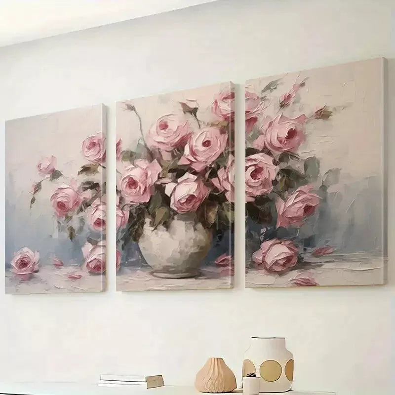 3pcs Pink Roses Floral Vase Abstract Canvas Framed 40x60cm - High Quality Print 100% Australian Made Wall Canvas Ready to Hang