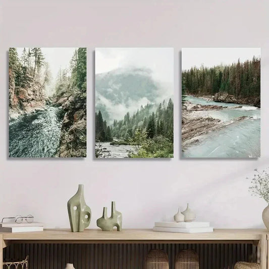 3pcs Serene Forest River, Misty Mountains Metal Print Ready to Hang Art