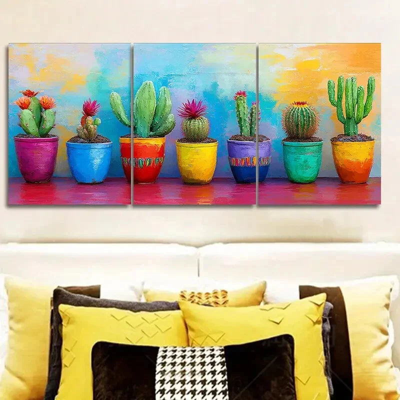 3pcs Cactus in colorful flower POTS Metal Print Ready to Hang Art