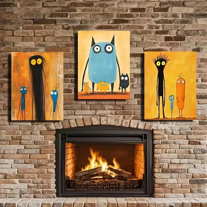 3pcs Owls, Aliens & Friends, Modern & Playful Wall Art Set Canvas Framed 40x60cm - High Quality Print 100% Australian Made Wall Canvas Ready to Hang