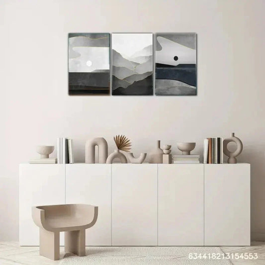 3pcs Black and White Poster with Golden Lines Metal Print Ready to Hang Art