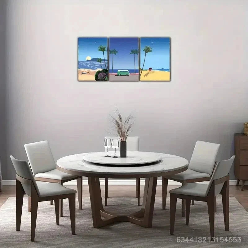 3pcs Small Boat Tourist Bus Beach Blue Sea Metal Print Ready to Hang Art