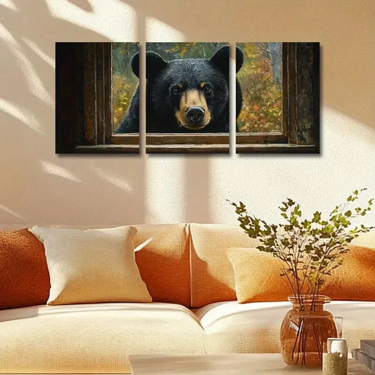 3pcs Window Bear Scene with Autumn Forest Metal Print Ready to Hang Art