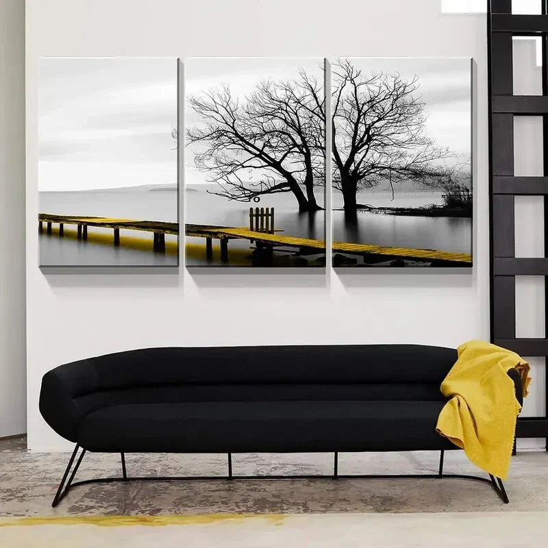 3pcs Black and White Tree & Golden Bridge Metal Print Ready to Hang Art