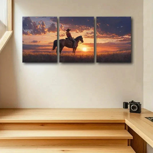 3pcs The Woman on the Prairie at Sunset Metal Print Ready to Hang Art