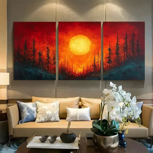 3pcs Abstract Painting Of A Forest Fire Metal Print Ready to Hang Art