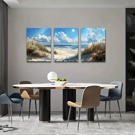 3pcs Coastal Landscape with Blue Ocean Metal Print Ready to Hang Art