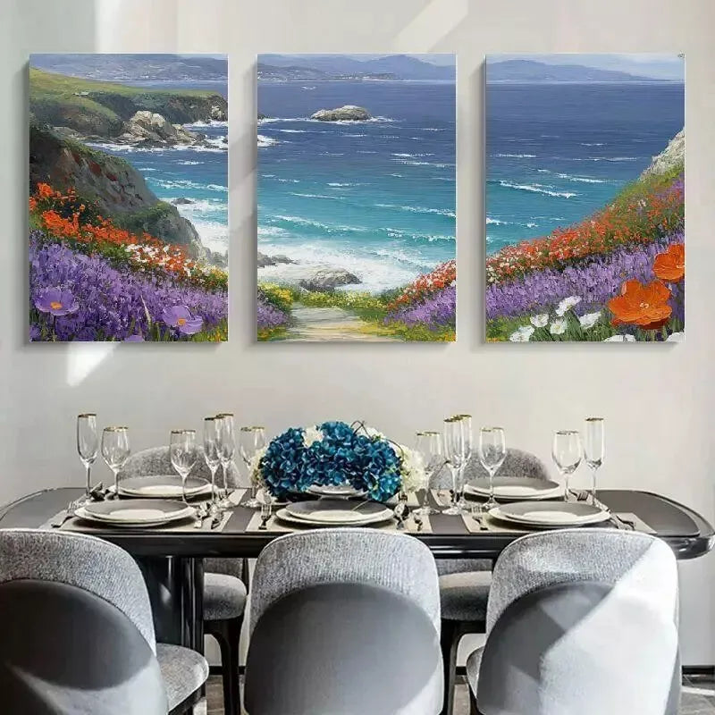 3pcs Flowers With Grass Mountain & Sea Canvas Framed 40x60cm - High Quality Print 100% Australian Made Wall Canvas Ready to Hang