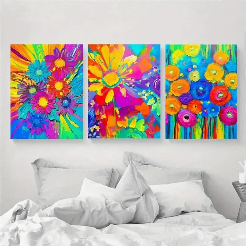 3pcs Bright Colorful Flower Design Metal Print Ready to Hang Art