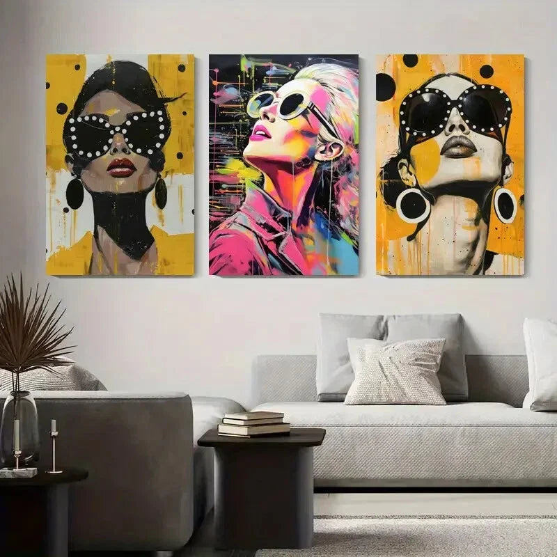 3pcs Stylish Women with Bold Fashion Glasses Metal Print Ready to Hang Art