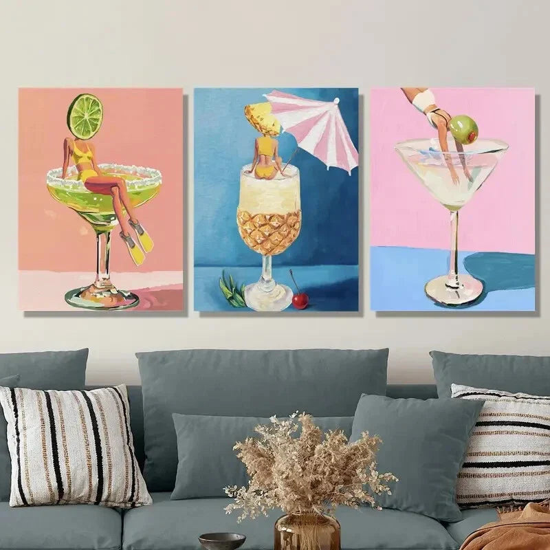 3pcs woman in wine glass, Metal Print Ready to Hang Art