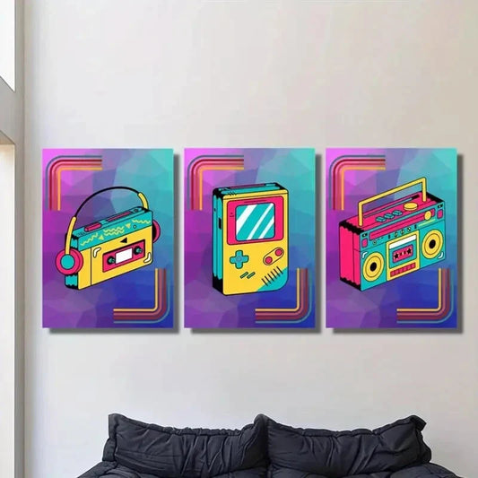 3pcs Vibrant Colorful Retro Gaming & Music Player Metal Print Ready to Hang Art