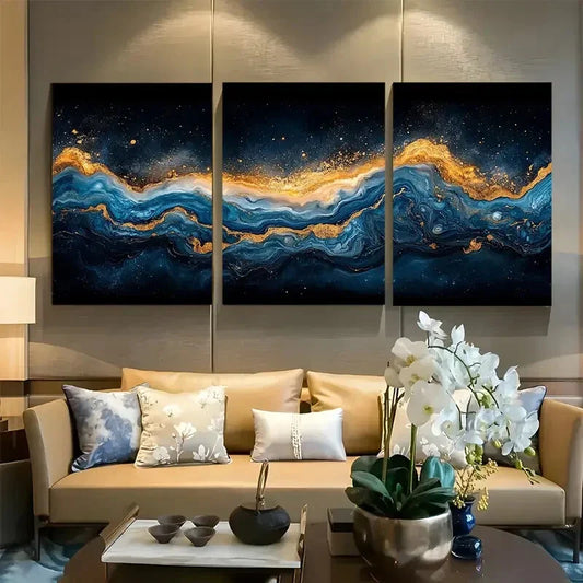 3pcs Celestial Golden and Black Swirling Cosmic Metal Print Ready to Hang Art