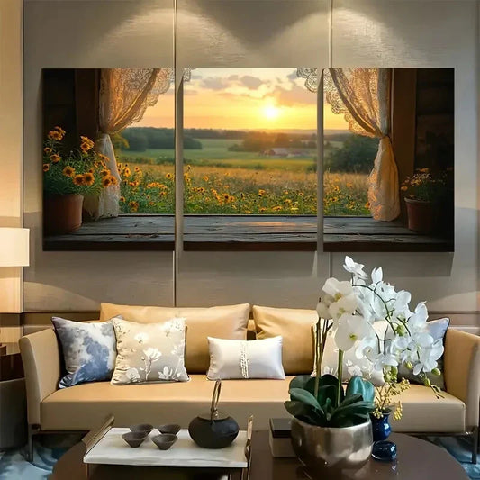 3pcs Country Window View, Lace Curtains & Sunset Metal Print Ready to Hang Art