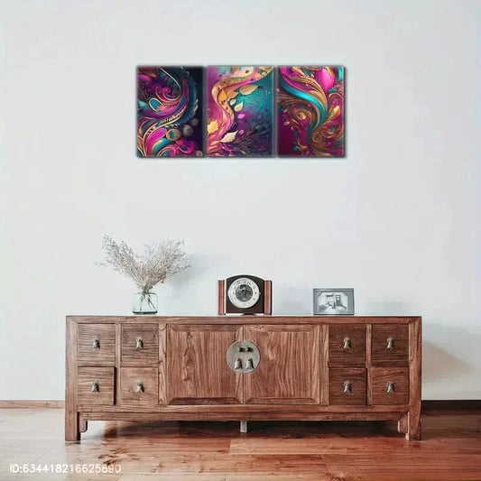 3pcs Vibrant Abstract Wall Decor in Pink Golden Metal Print Ready to Hang Art