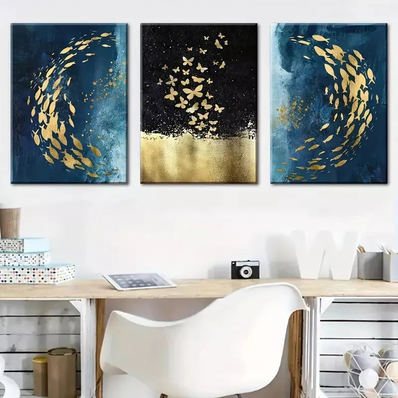 3pcs Abstract Style Fish and Butterfly Swarms Wall Art Set Canvas Framed 40x60cm - High Quality Print 100% Australian Made Wall Canvas Ready to Hang