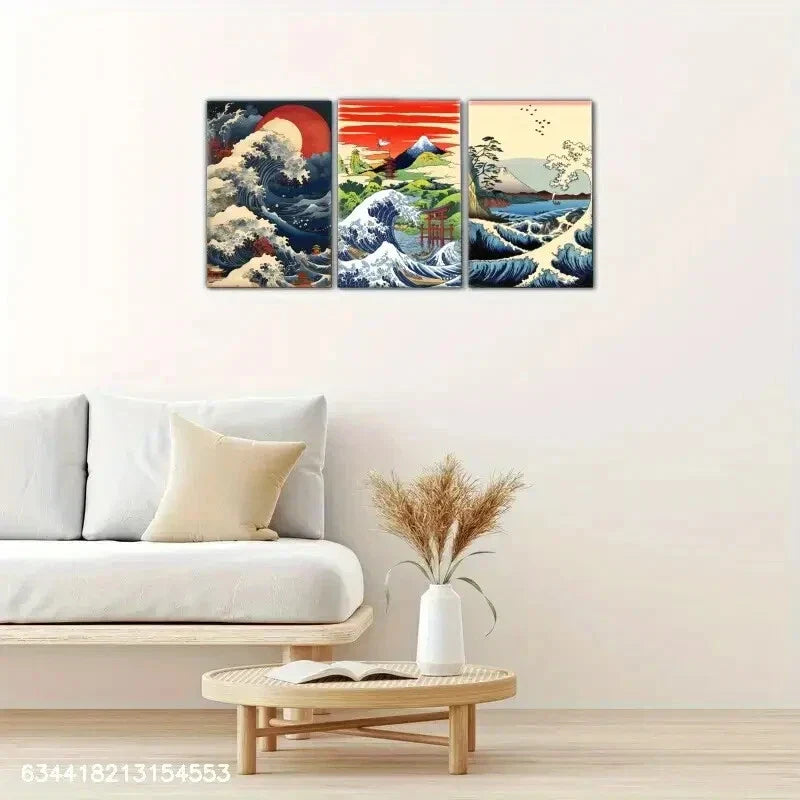 3pcs Ocean Waves and Mount Fuji Landscape Metal Print Ready to Hang Art