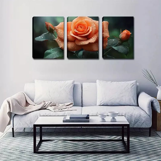 3pcs A Blooming Orange Rose Wall Art Set Canvas Framed 40x60cm - High Quality Print 100% Australian Made Wall Canvas Ready to Hang