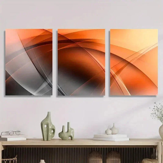 3pcs Black and Orange Wavy Shapes, Metal Print Ready to Hang Art